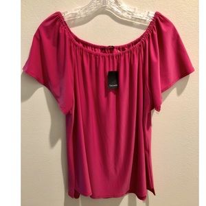 NWT Tahari “Full Bloom” Fuchsia Pink Blousy Flowy Top Elastic Neckline Size M